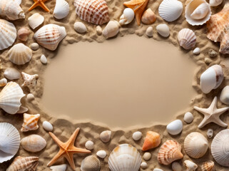 Obraz premium An inviting beach border with various seashells and pebbles placed on the sand, ideal for vacation and travel themes. ?oncept of Beach Border