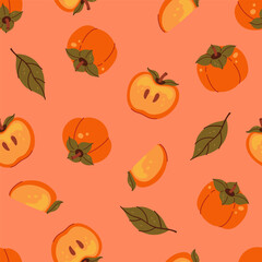 Seamless simple pattern with persimmons on an orange background. Vector graphics.