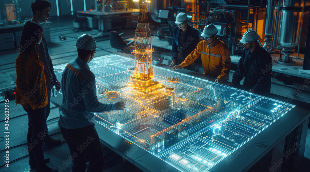 Aufkleber a group of professionals in a dimly lit modern office space gathered around a bright holographic pro