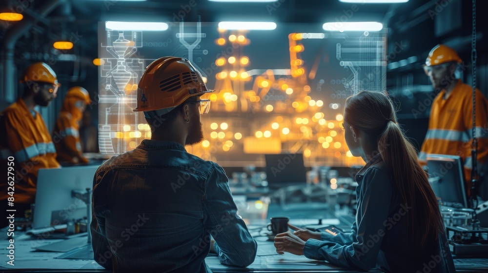 Aufkleber a group of professionals in a dimly lit modern office space gathered around a bright holographic pro
