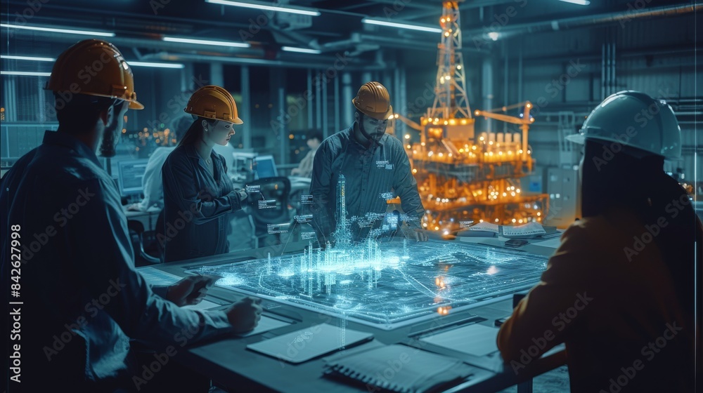Aufkleber a group of professionals in a dimly lit modern office space gathered around a bright holographic pro
