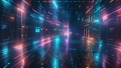 Seamless loop Futuristic footage featuring abstract digital landscape, glowing particles and lines symbolizing data transfer in cyberspace, ideal for tech, AI videos.