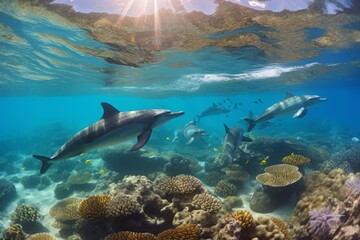 Obraz premium a flock of dolphins swim in the ocean with picturesque corals