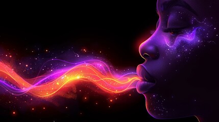 Fantasy abstract portrait of a beautiful woman created with double exposure technique, combined with a colorful digital paint splash. The artwork features bright colors.