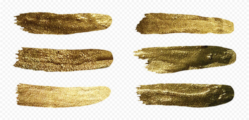 Golden paint brush stroke. vector gold glitter texture. set of gold paint with glittering texture metallic effect. golden color painted design elements collection on transparent background.