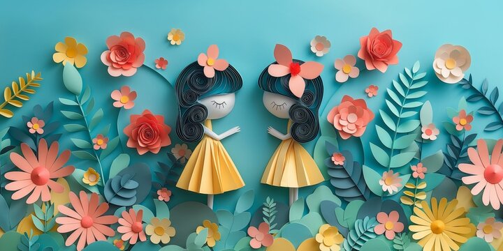 papercraft cartoon illustration, two girls play together in flower blossom field nature landscape, happy spring summer outdoor scenery