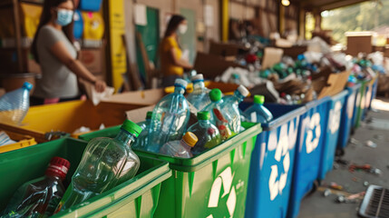 Fototapeta premium trash cans for separate collection of waste, recycling, environmental protection, bottles in a bin, sign, backyard, street, city, pollution, reuse, reduce, recycle, plastic, container