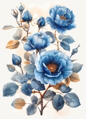Elegant blue rose with vintage frame border, digital art illustration on white background
