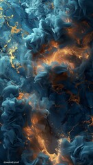 Dark blue and gold abstract background with swirling golden smoke