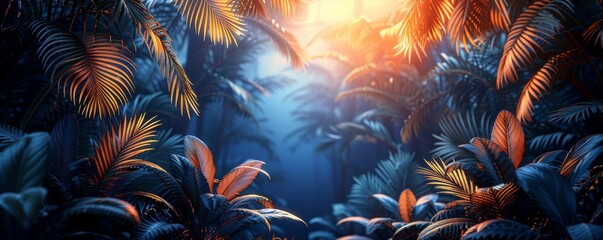 Mystical tropical plants with dark blue and neon lighting background