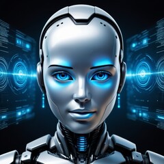 A futuristic humanoid robot with a sleek metallic design and blue illuminated eyes, surrounded by digital interface elements, conveying advanced technology and artificial intelligence.