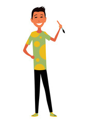 Kid Painting and Drawing with Brushes and Pencils on White Wall  Illustration