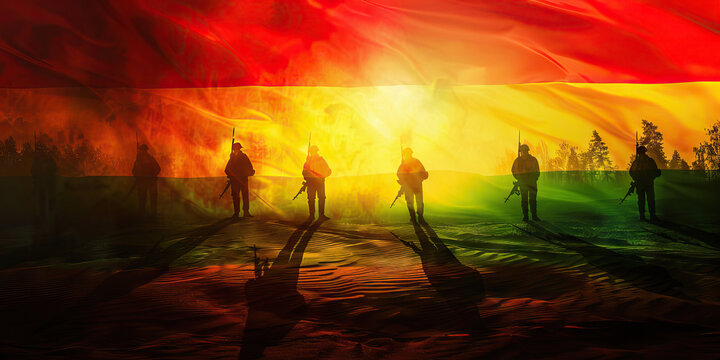 The Red and Yellow: The Flag of Lithuania with Soldiers Displaying Courage - Imagine the flag of Lithuania with soldiers displaying courage, symbolizing the bravery and determination