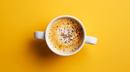 A white coffee cup with a brown foam on top sits on a yellow background, delicious cappuccino, isolated on yellow background