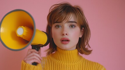 Woman with megaphone making announcement on a pink background