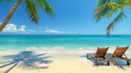 Deckchairs and umbrella on the beach with copy space, vintage travel postcard style.