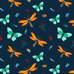 Hand-Drawn Butterfly and Dragonfly Seamless Pattern - Unique Illustrative Design