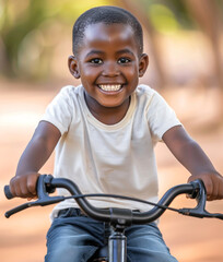 Obraz premium Happy African American boy in white t-shirt riding a bicycle in a summer park.