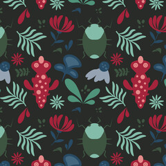 Vibrant Bug and Floral Seamless Pattern - Colorful Insect Vector Background