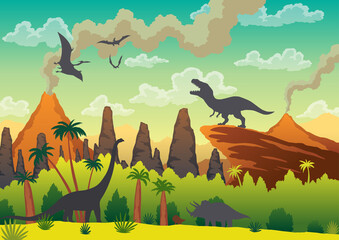 Prehistoric landscape - volcano with smoke, mountains, dinosaurs and green vegetation.  illustration of beautiful prehistoric landscape and dinosaurs © the8monkey