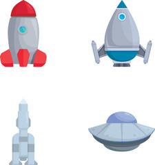 Collection of four cartoonstyle spacecraft and flying saucer isolated on white