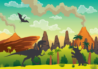 Prehistoric landscape - volcano with smoke, mountains, dinosaurs and green vegetation.  illustration of beautiful prehistoric landscape and dinosaurs © the8monkey