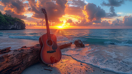A peaceful scene on the beach at sunset, with an acoustic guitar leaning against a log