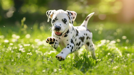 Playful spotted black white dalmatian puppy running in summer park. Dog training. Veterinary concept. Copy space.