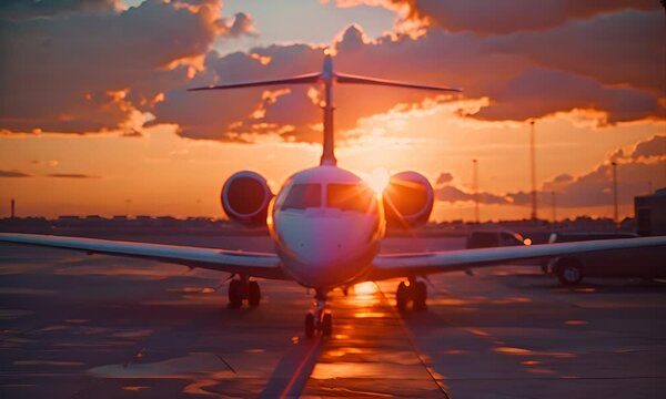 Private jet standing at an airport with setting sun traveling by aircraft airplane 4K Video