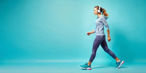 Fototapeta premium woman with headphone walking on blue background.