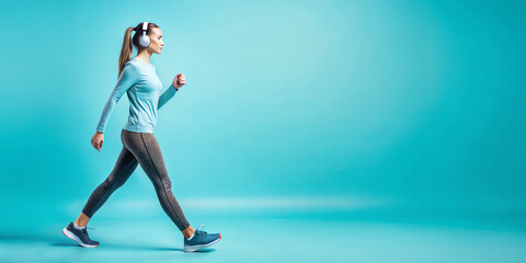woman with headphone walking  on blue background.