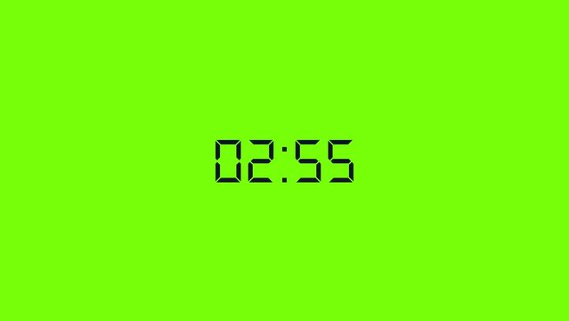 Digital clock 3 minute countdown white with green screen 4K