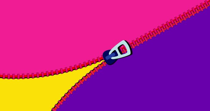 Zipper transition wipe across pink violet isolated background. Cartoon animation preset good for any use. Motion design element. Business, art, education, science, fashion, etc...