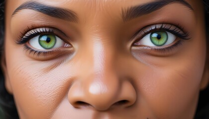 Naklejka premium African American woman, green eyes, intense stare, closeup