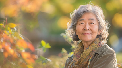 Beautiful asian lady in her garden with copy space