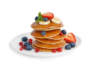 Plate with tasty pancakes, banana slices, strawberry and blueberries isolated on white background