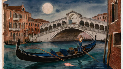 An exquisite 15th-century watercolor painting of a man fishing from a gondola in the enchanting city of Venice.