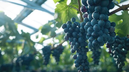 Ripe and sweet grapes ready for harvesting inside protective covering