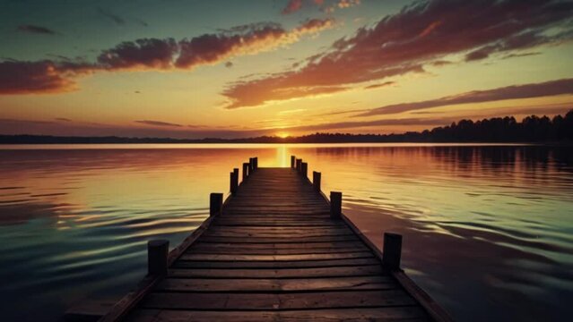 wooden bridge on the lake with sunset view. seamless looping 4k video