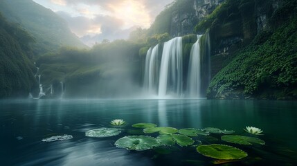 Fototapeta premium Traumhafter Wasserfall in die Natur eingebettet. Das Wasser rauscht und schafft eine friedliche und meditative Atmosphäre. Gefühl der Achtsamkeit.