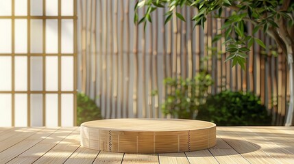 Natural Bamboo Podium, front view focus, with a Zen Garden Background, ideal for wellness and spa product displays