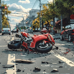 Traffic accident. Crashed motorcycle and car on city street