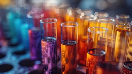 Colorful test tubes filled with various liquids in a laboratory setting, showcasing science and chemistry experiments.
