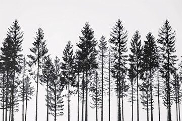 Tall pine trees are silhouetted against a white background creating a stark contrast