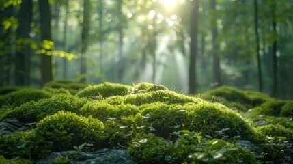 Sunlight filtering through lush forest trees onto vibrant green moss, creating a serene and tranquil natural landscape.
