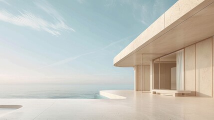 Fototapeta premium Minimalist architecture facing ocean, pale blue ang beige colors, clean lines, neutral palette, soft natural light, serene ambiance, modern structure, high-detail photorealism 