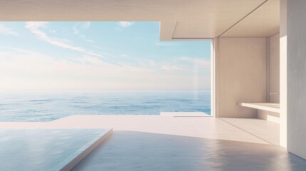 Minimalist architecture facing ocean, pale blue ang beige colors, clean lines, neutral palette, soft natural light, serene ambiance, modern structure, high-detail photorealism 
