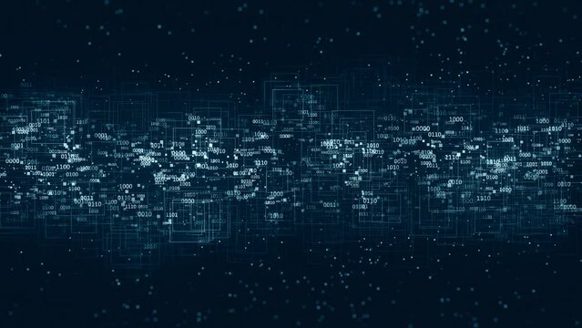 Digital Stream of Binary Numbers. Floating Numbers and Square Blocks. Dark Blue High Tech Background. Looped video.