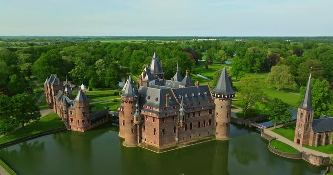 Aerial view. Utrecht Netherlands, Kasteel de Haar, old historical garden at castle de Haar Netherlands Utrecht on a sunset
