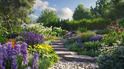 A beautifully landscaped summer garden with a variety of blooming perennials.